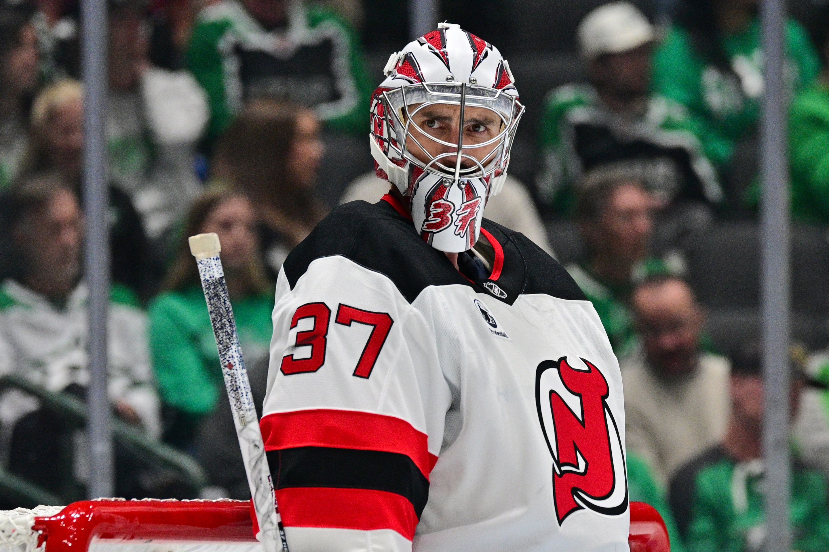 New Jersey Devils goaltender Connor Hellebuyck (37) looks on during the NHL game between the New Jersey Devils and the Dallas Stars on October 27, 2026 at American Airlines Center in Dallas, Texas.
