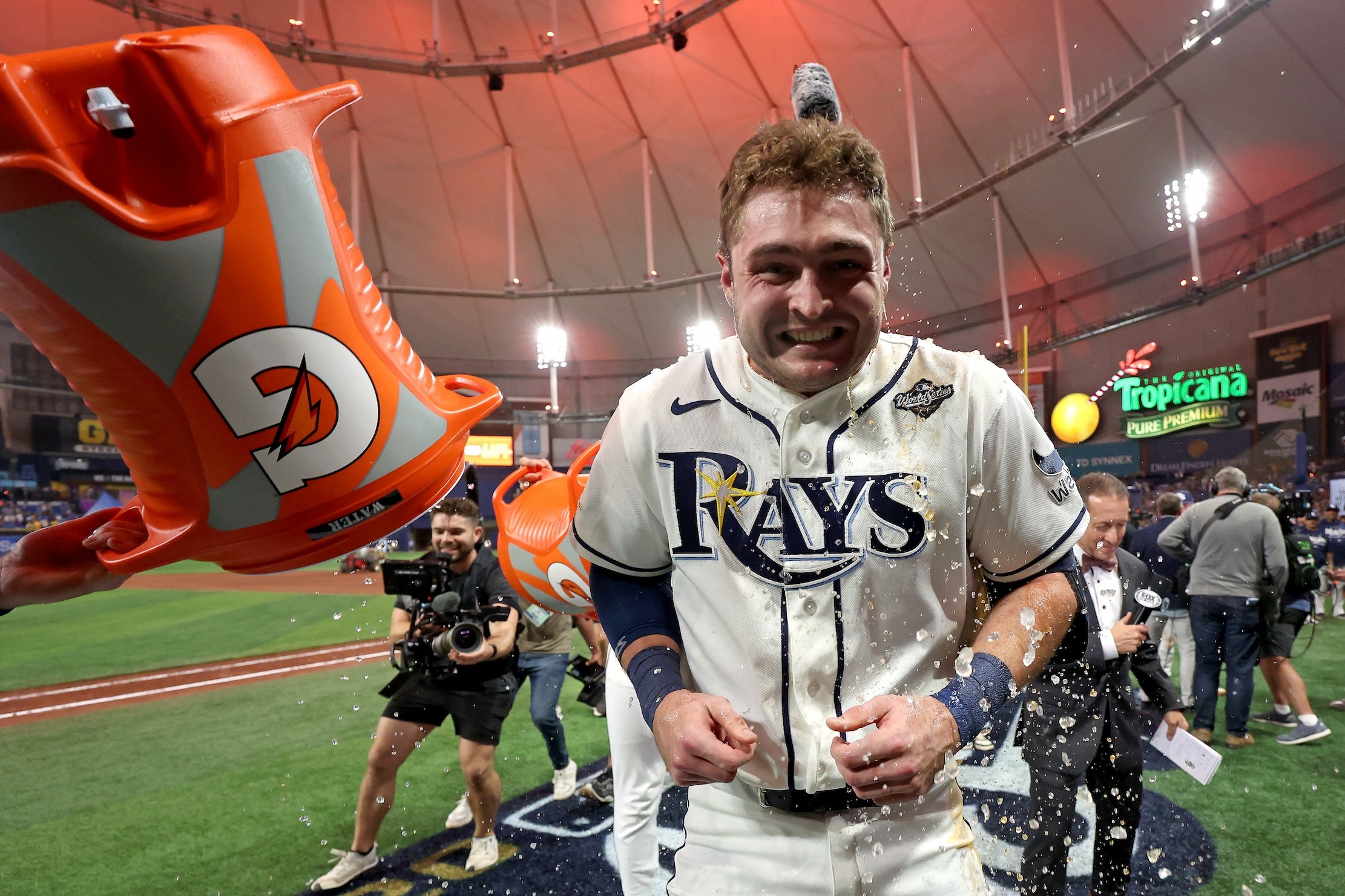 Ben Williamson of the Tampa Bay Rays is dunked with Gatorade after hitting a walk off single in the twelfth inning during Game Four of the 2026 World Series.