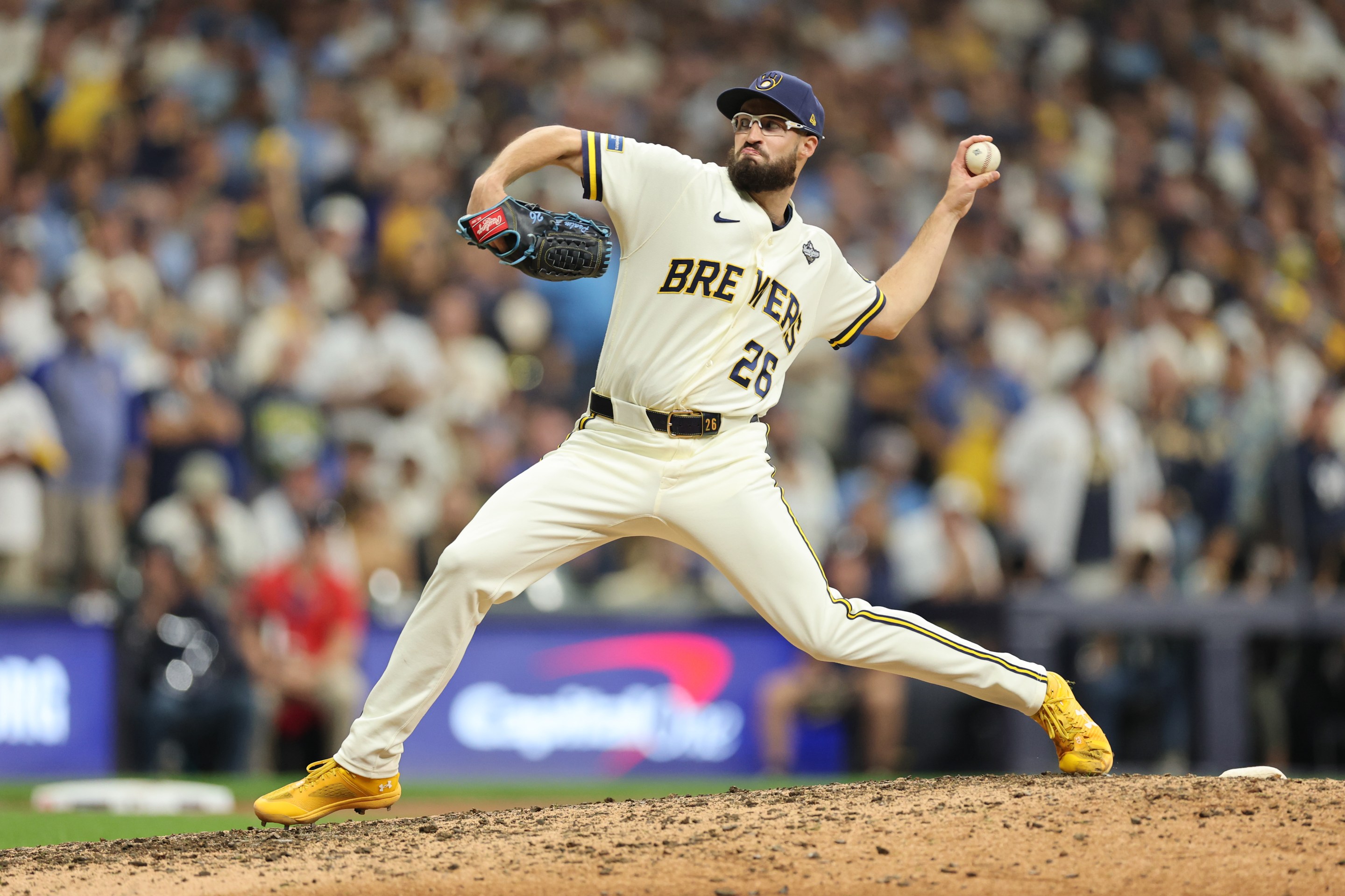 Milwaukee Brewers relief pitcher Aaron Ashby pitching on the mound during game 2 of the 2026 World Series against the Tampa Bay Rays.