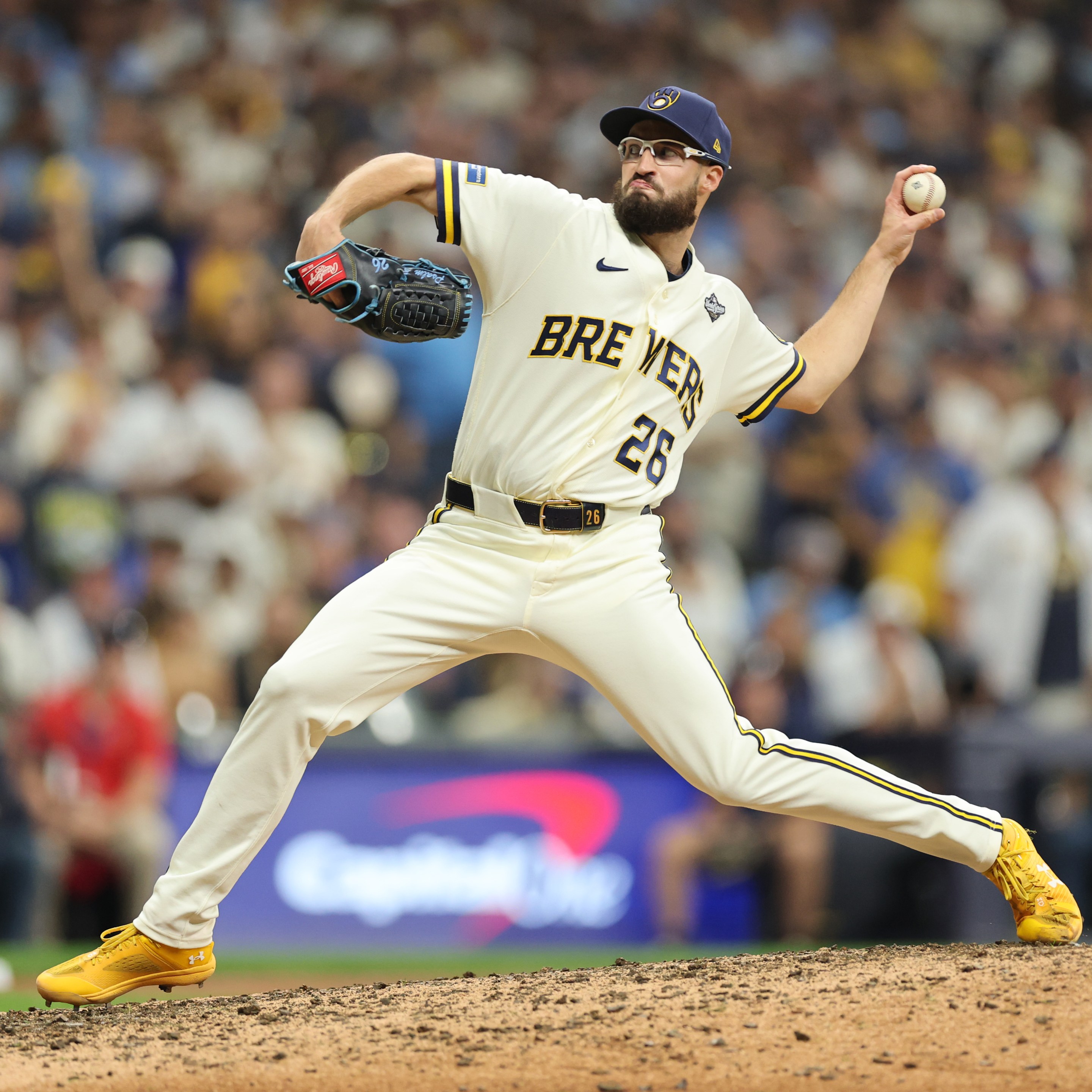 Milwaukee Brewers relief pitcher Aaron Ashby pitching on the mound during game 2 of the 2026 World Series against the Tampa Bay Rays.