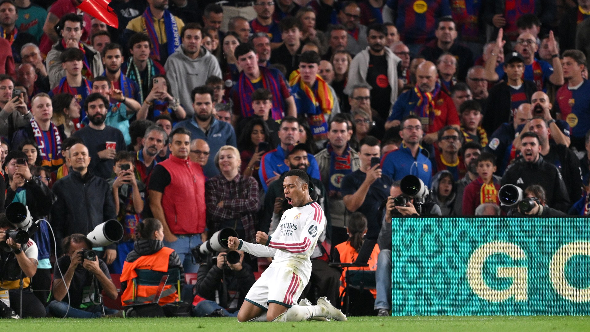 Kylian Mbappe of Real Madrid celebrates scoring his team’s first goal during the LaLiga EA Sports 2026/27 match between FC Barcelona and Real Madrid at Spotify Camp Nou on October 25, 2026 in Barcelona, Spain.