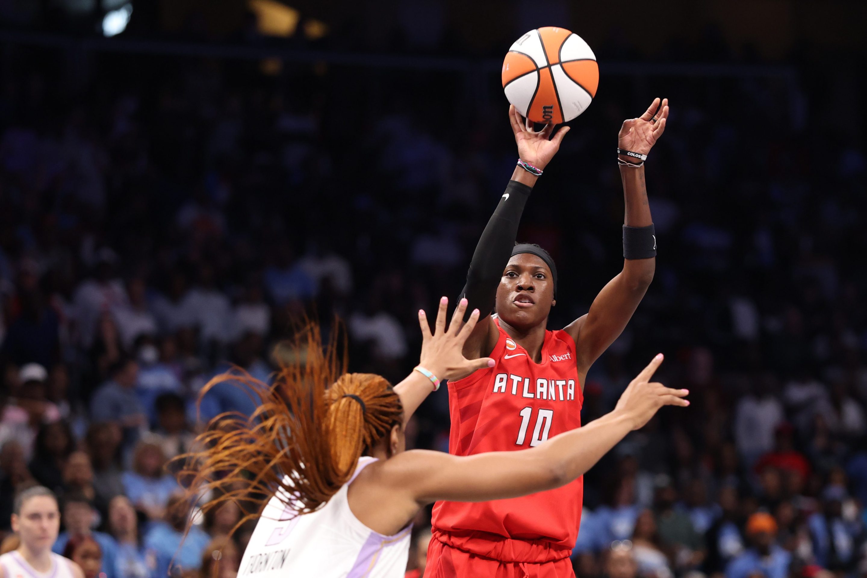 Rhyne Howard #10 of the Atlanta Dream shoots the ball against Kayla Thornton #5 of the Golden State Valkyries during the first quarter in game six of the 2026 WNBA Finals at State Farm Arena on October 29, 2026 in Atlanta, Georgia.