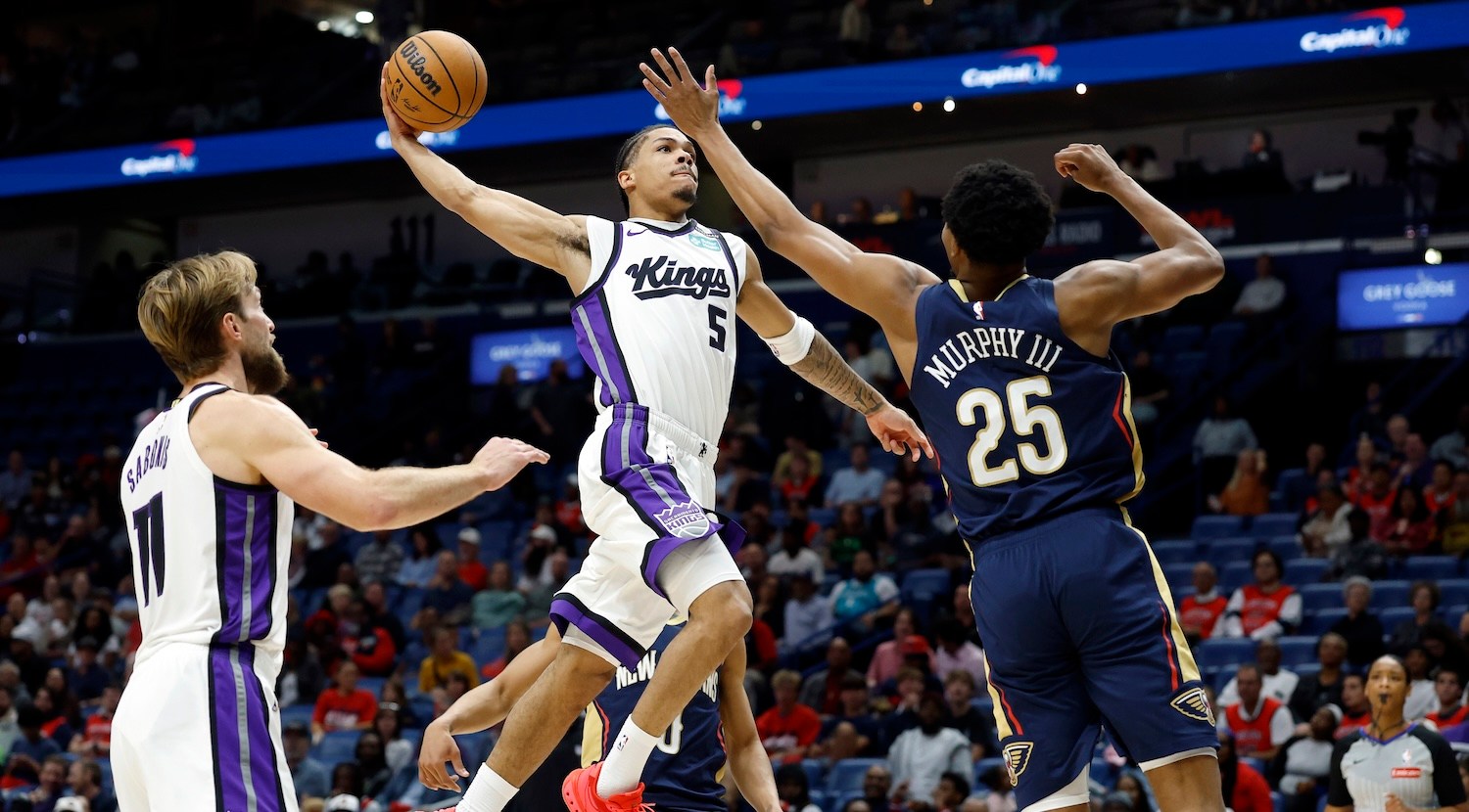 OCTOBER 29: Darius Acuff Jr. #5 of the Sacramento Kings goes up for the basket as Trey Murphy III #25 of the New Orleans Pelicans defends during the first half of the game at Smoothie King Center on October 29, 2026 in New Orleans, Louisiana. NOTE TO USER: User expressly acknowledges and agrees that, by downloading and or using this photograph, User is consenting to the terms and conditions of the Getty Images License Agreement. (Photo by Tyler Kaufman/Getty Images)