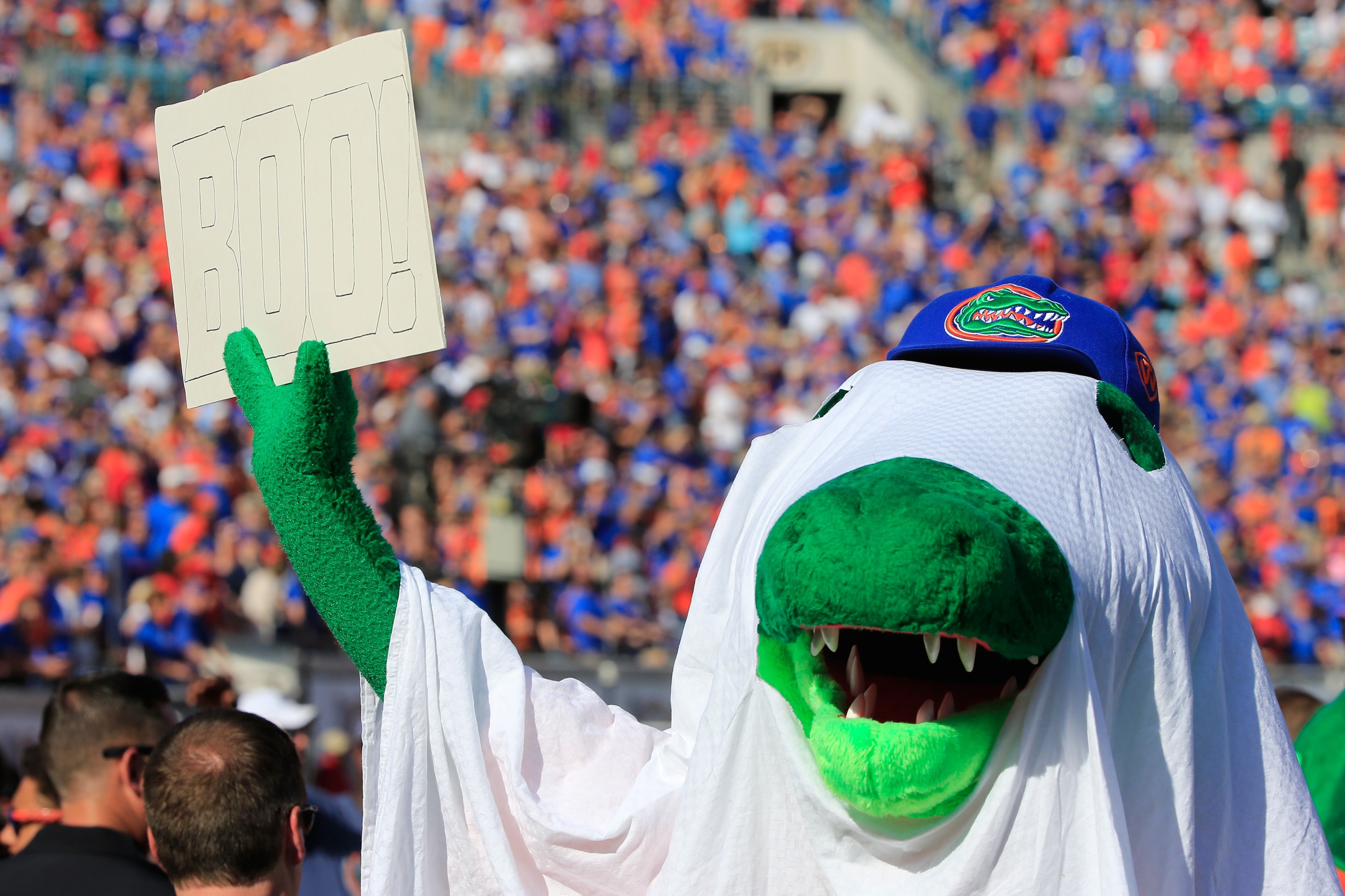 JACKSONVILLE, FL - OCTOBER 31: Albert, the mascot for the Florida Gators holds a sign while in a Halloween costume during the game against the Georgia Bulldogs at EverBank Field on October 31, 2015 in Jacksonville, Florida.