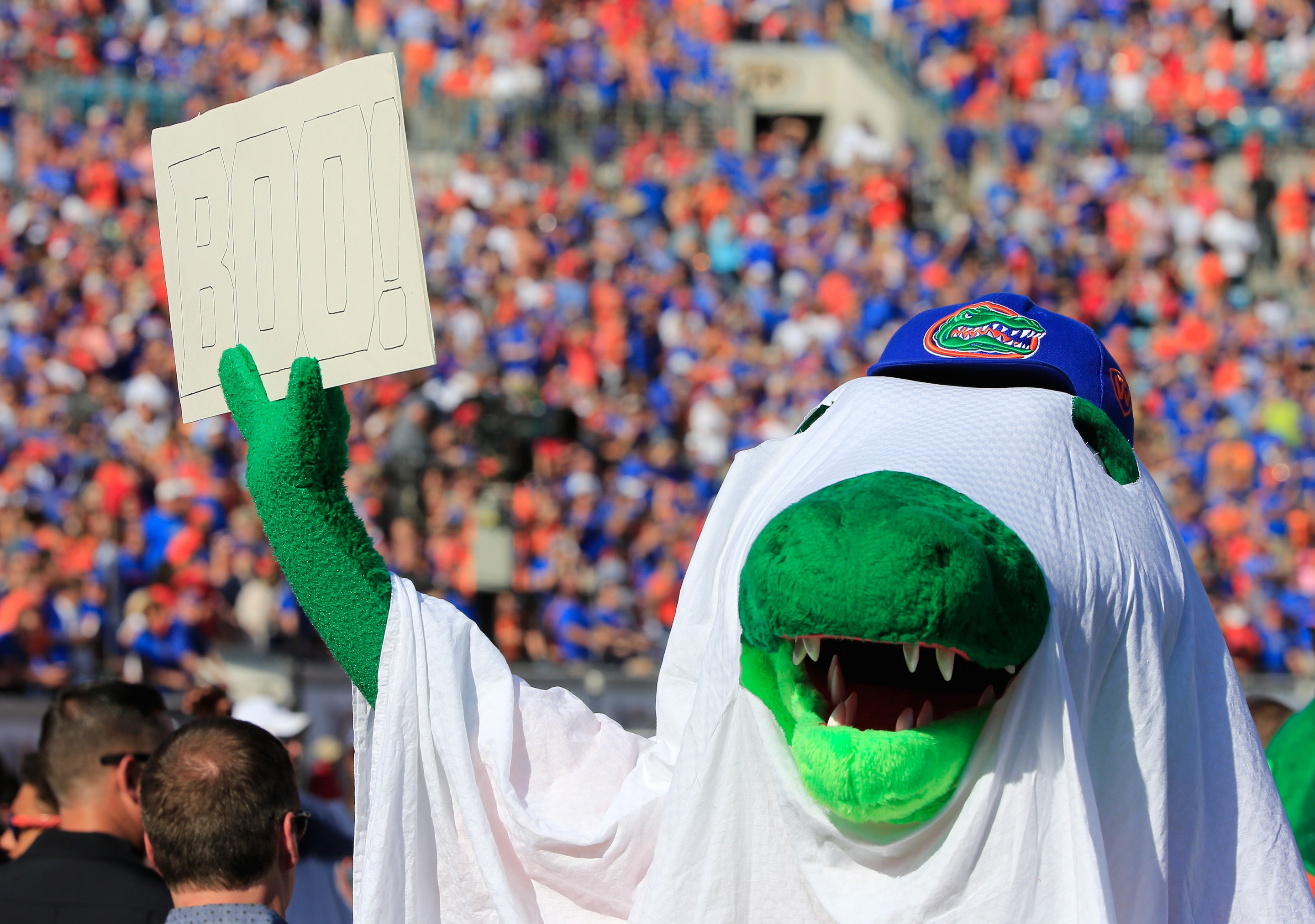 JACKSONVILLE, FL - OCTOBER 31: Albert, the mascot for the Florida Gators holds a sign while in a Halloween costume during the game against the Georgia Bulldogs at EverBank Field on October 31, 2015 in Jacksonville, Florida.
