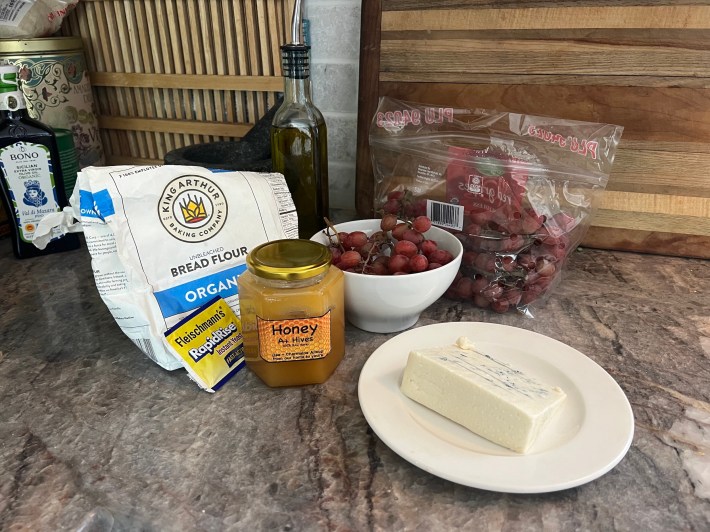Baking ingredients are arranged on a counter