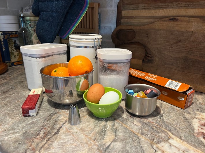 Baking ingredients arranged on a countertop.