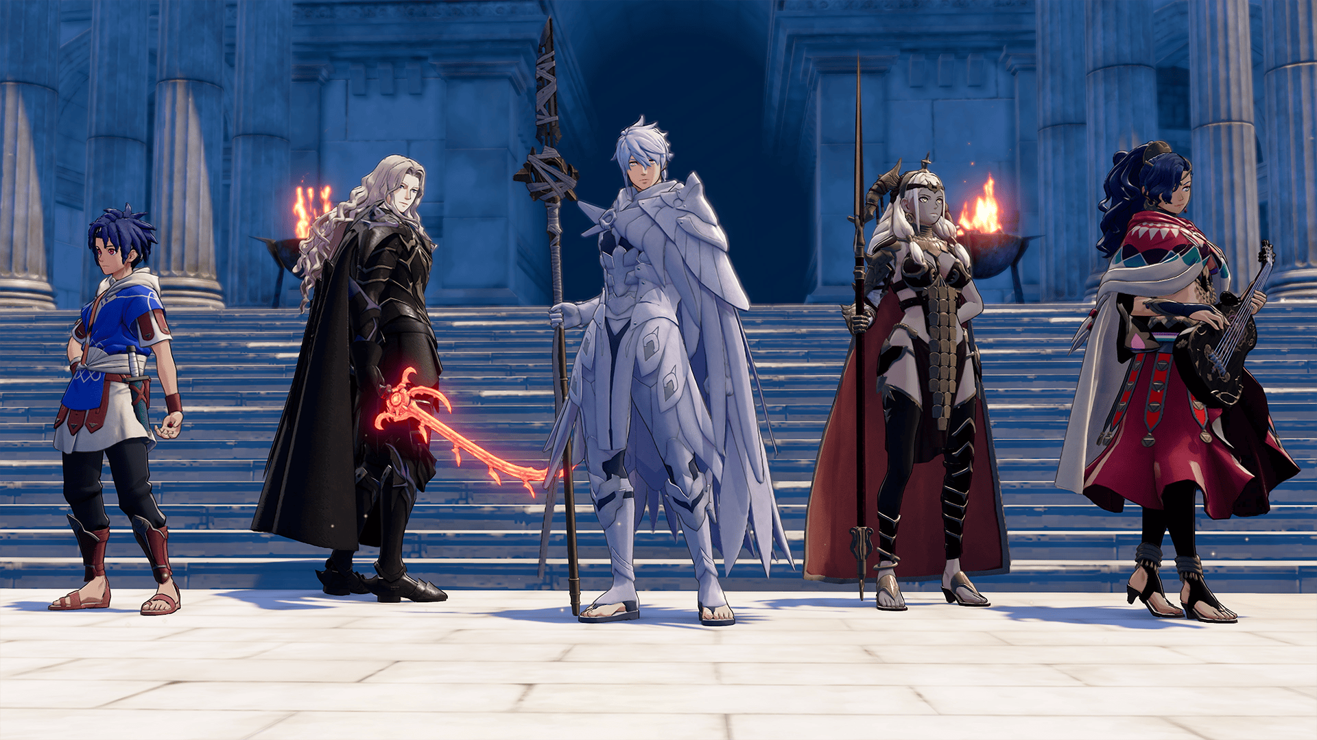 The four Flame Lords and Eshmel in Fire Emblem: Fortune's Weave