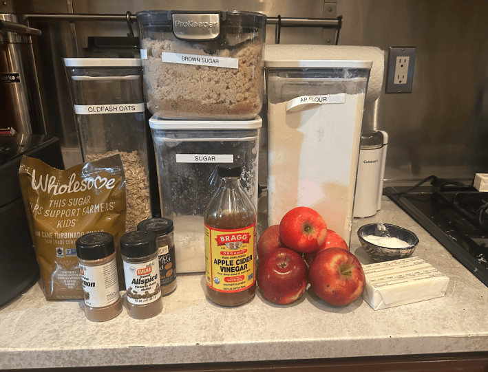 Stack of ingredients, mostly sugar and apples