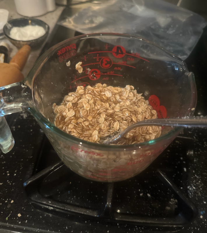 pyrex bowl with yum in it