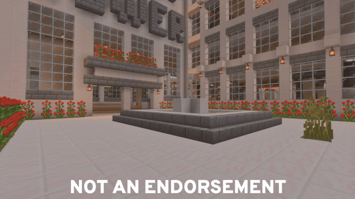 Mike Tomlin shows off one of his Minecraft buildings, a Trump Tower. There is text at the bottom of the image saying "NOT AN ENDORSEMENT."