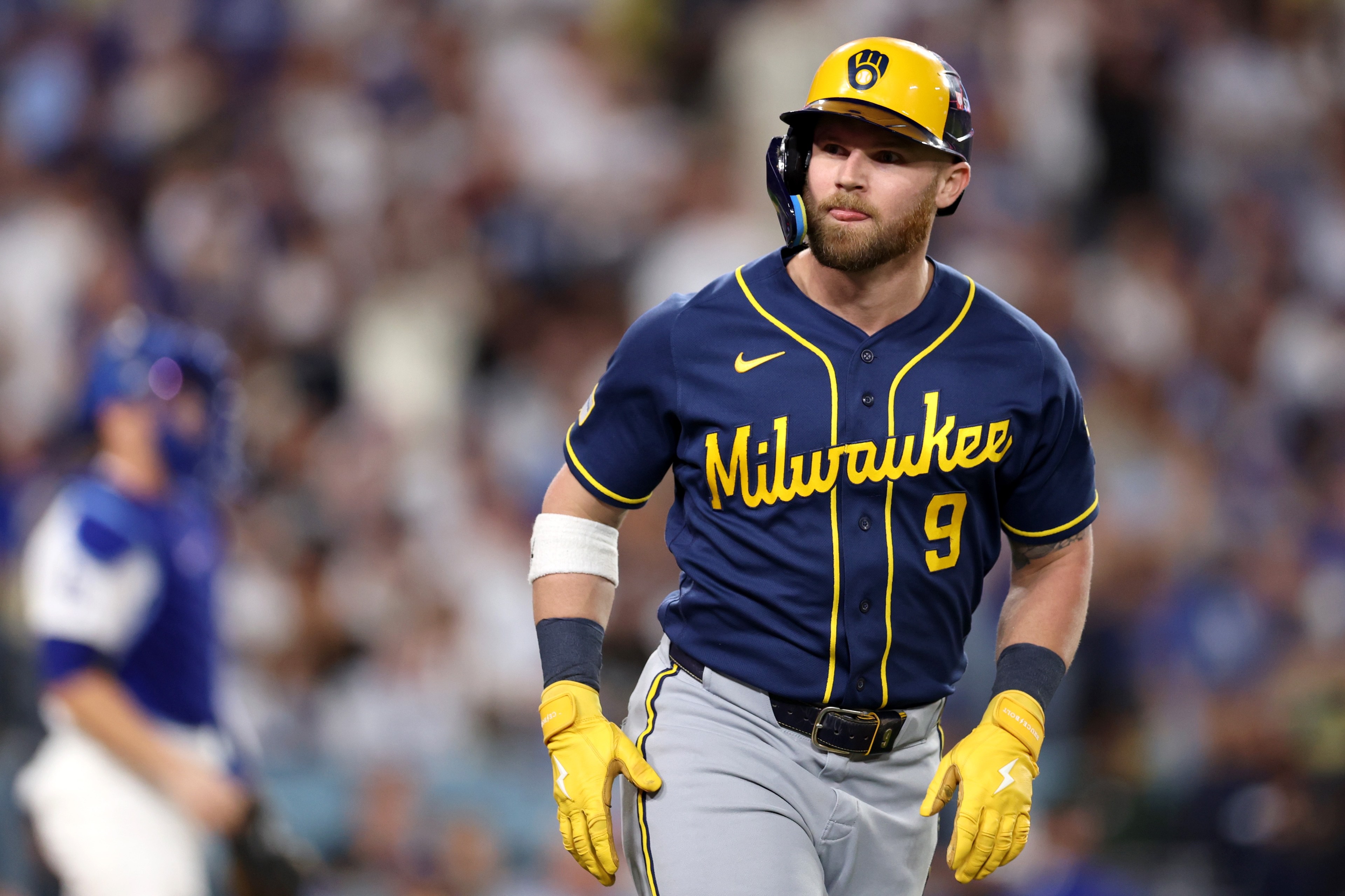 Jake Bauers #9 of the Milwaukee Brewers hits a two run Home Run during the seventh inning against the Los Angeles Dodgers.