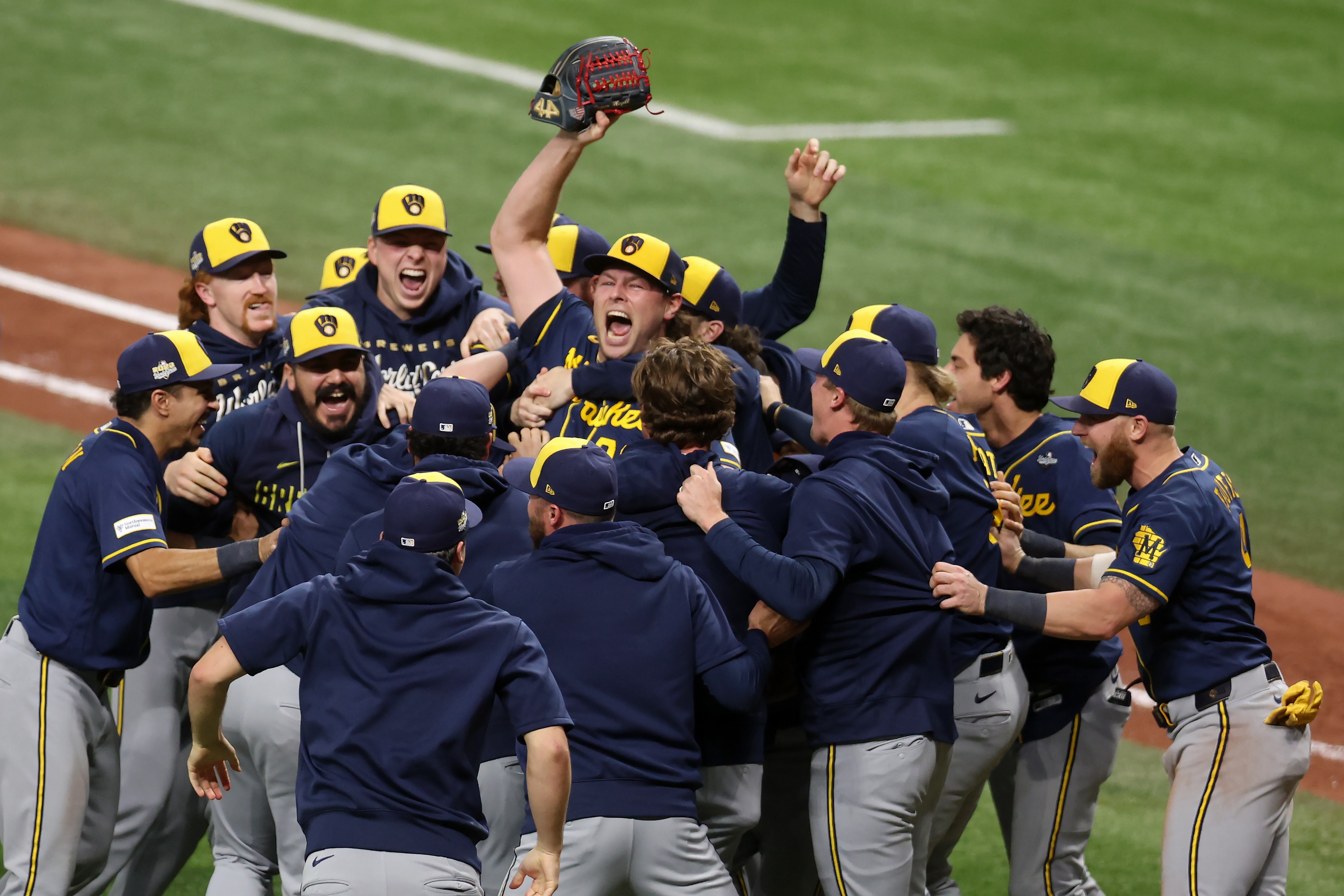The Milwaukee Brewers celebrate with Trevor Megill #29 after defeating the Tampa Bay Rays in the 2026 World Series.