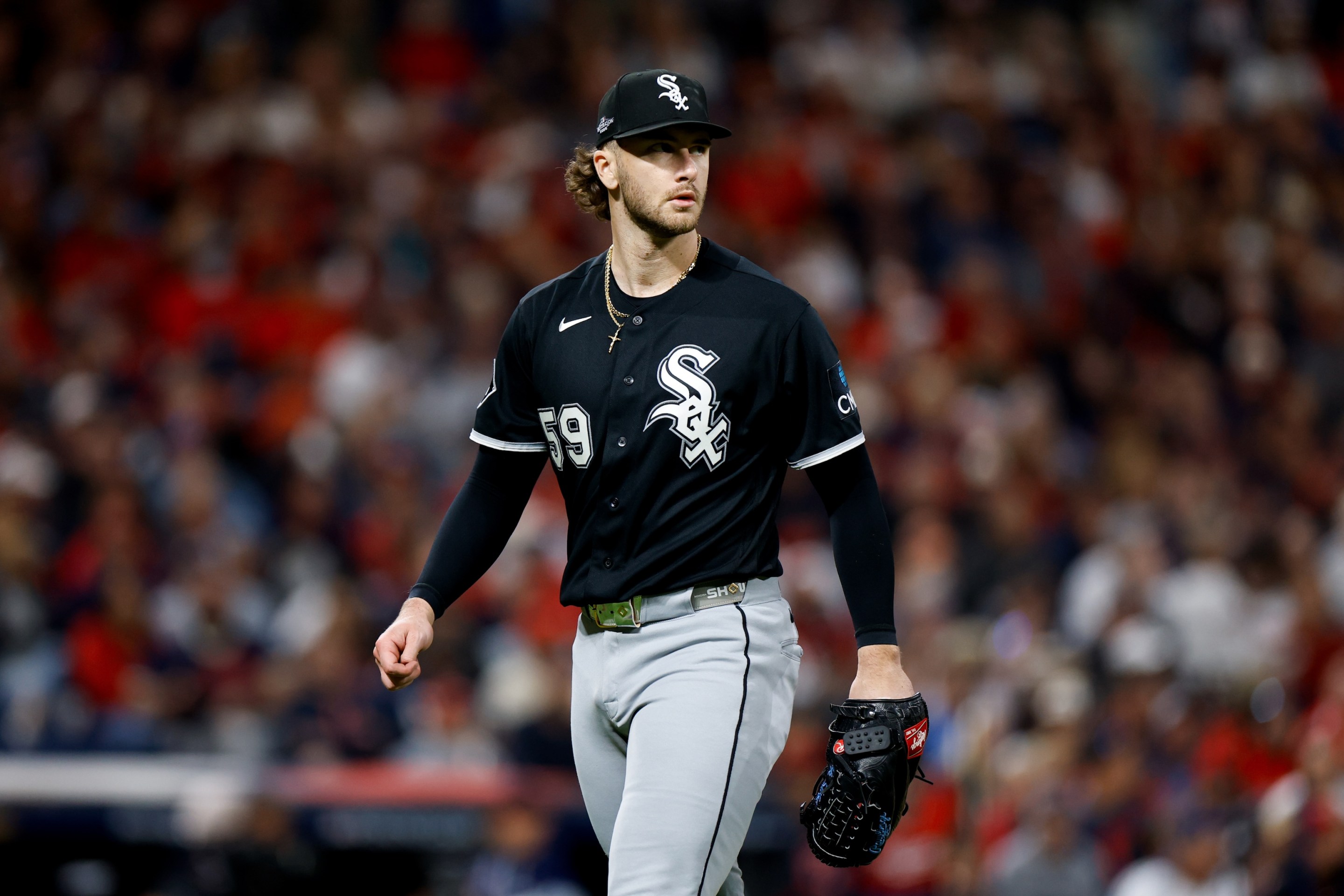 Sean Burke #59 of the Chicago White Sox looks on during Game Two of the American League Division Series.