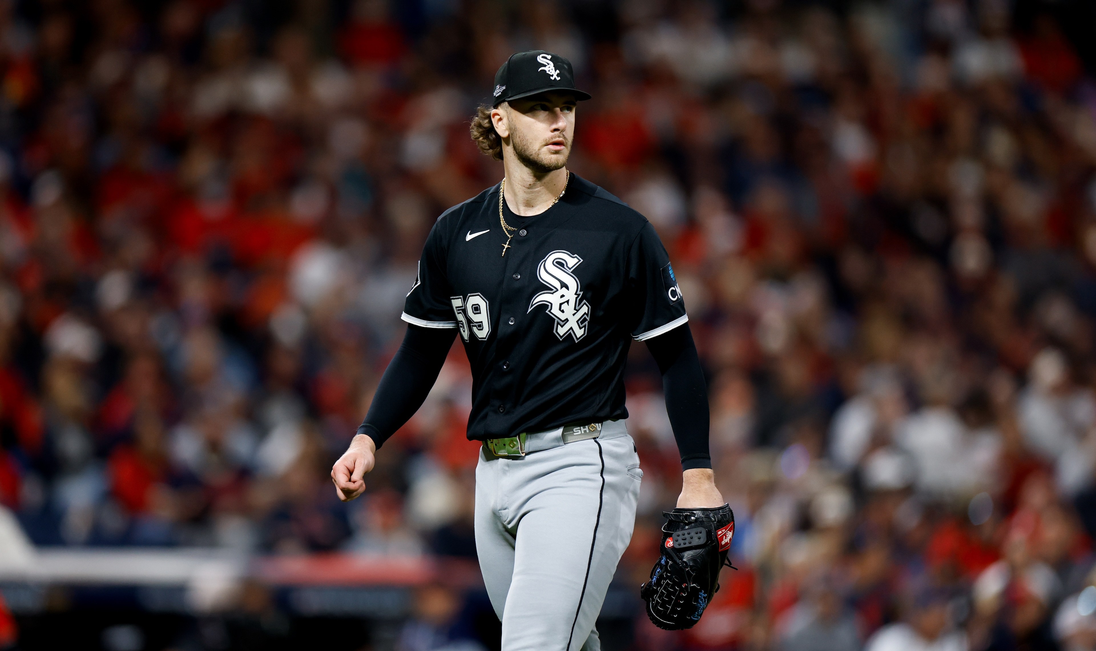 Sean Burke #59 of the Chicago White Sox looks on during Game Two of the American League Division Series.