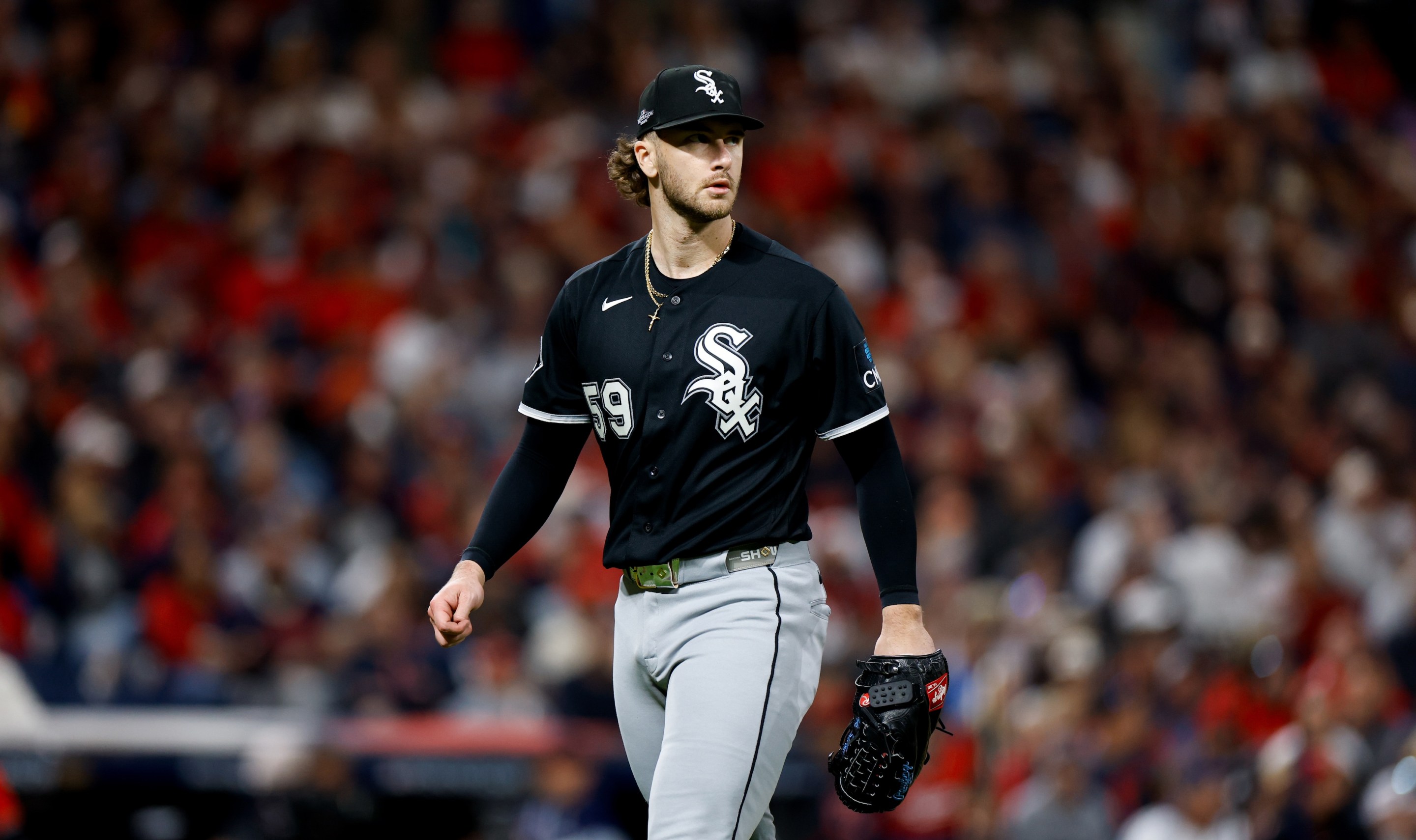Sean Burke #59 of the Chicago White Sox looks on during Game Two of the American League Division Series.