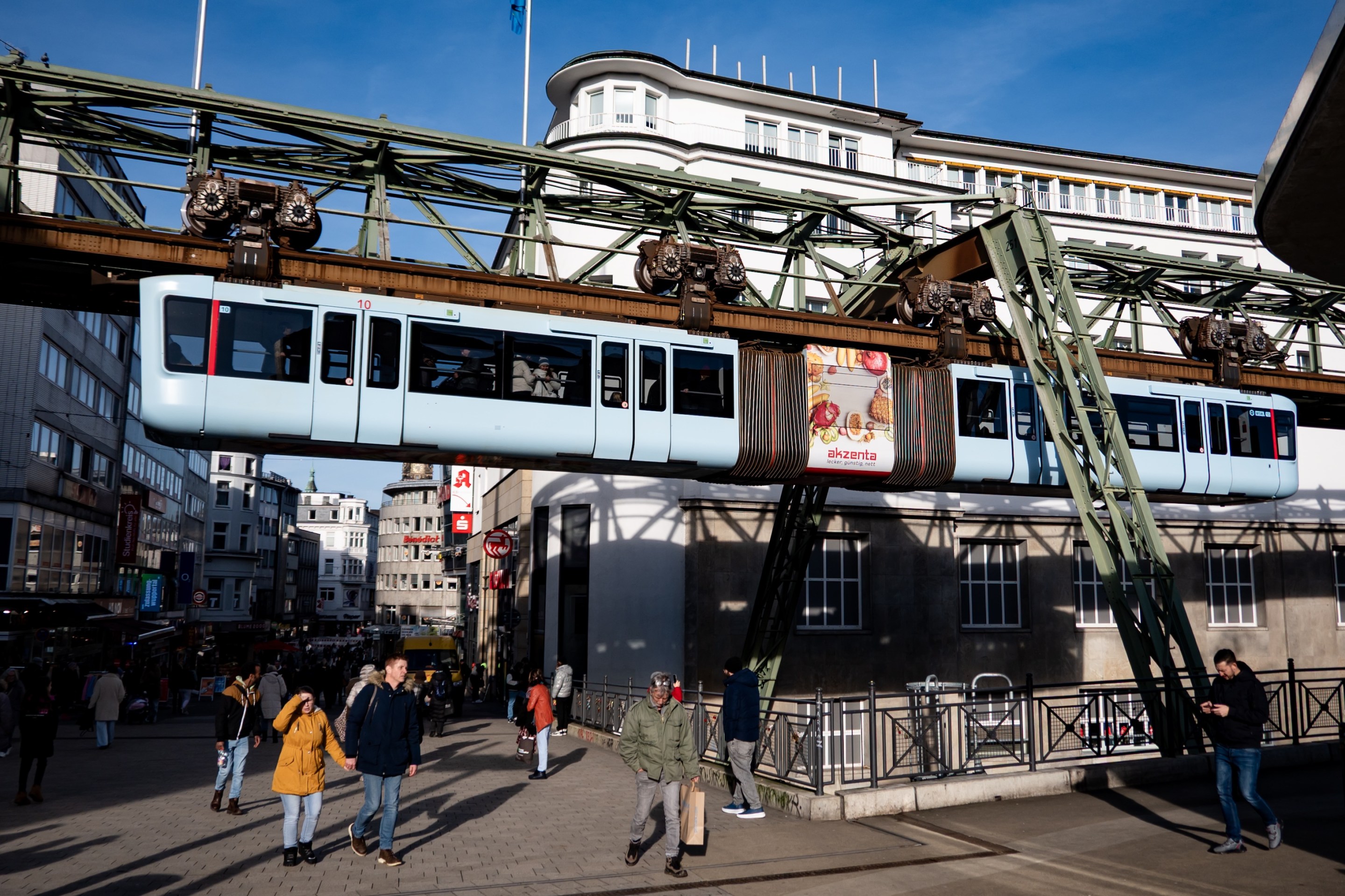 A wagon of the suspended railway Schwebebahn is pictured in Wuppertal, Germany.