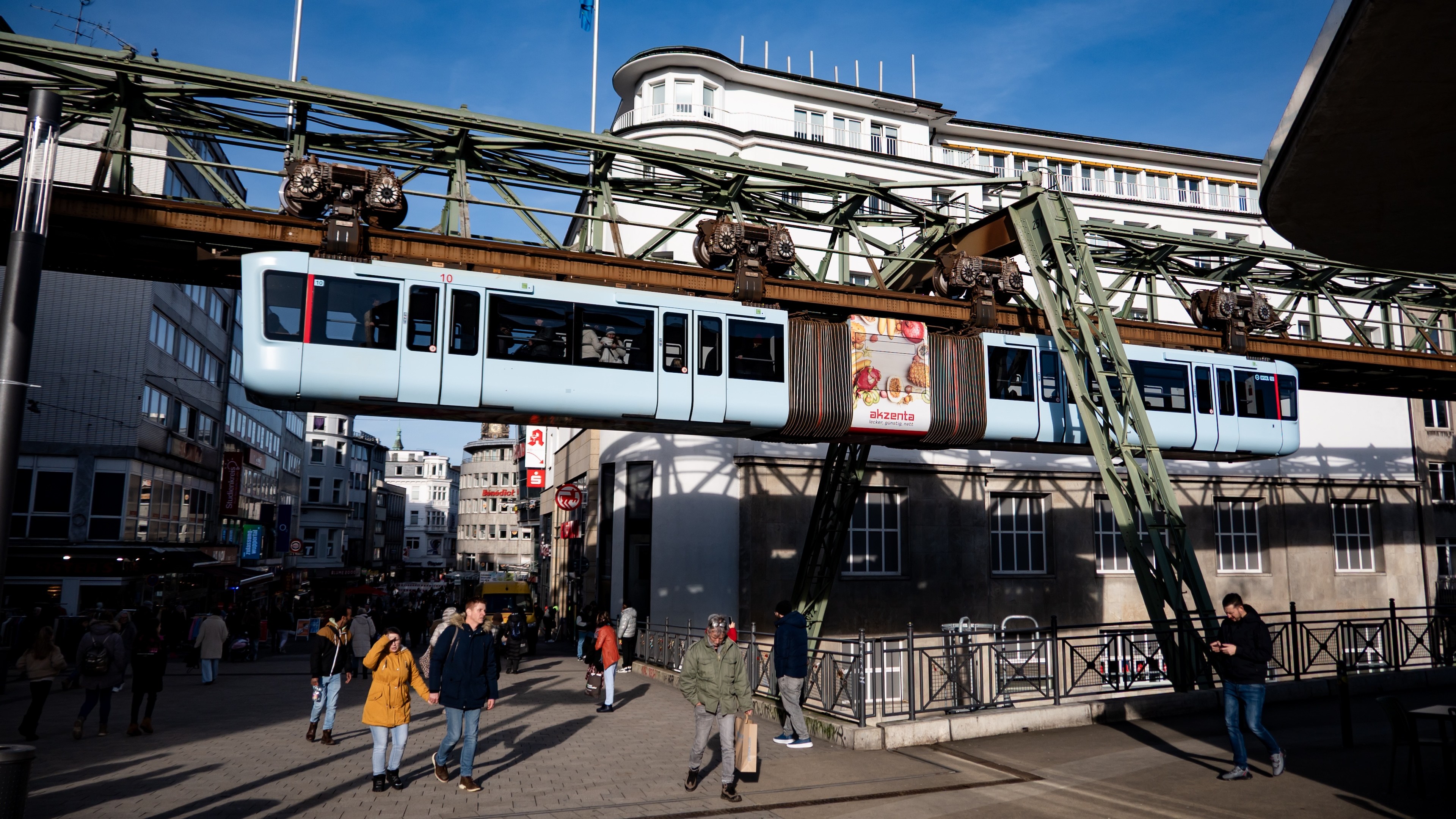 A wagon of the suspended railway Schwebebahn is pictured in Wuppertal, Germany.